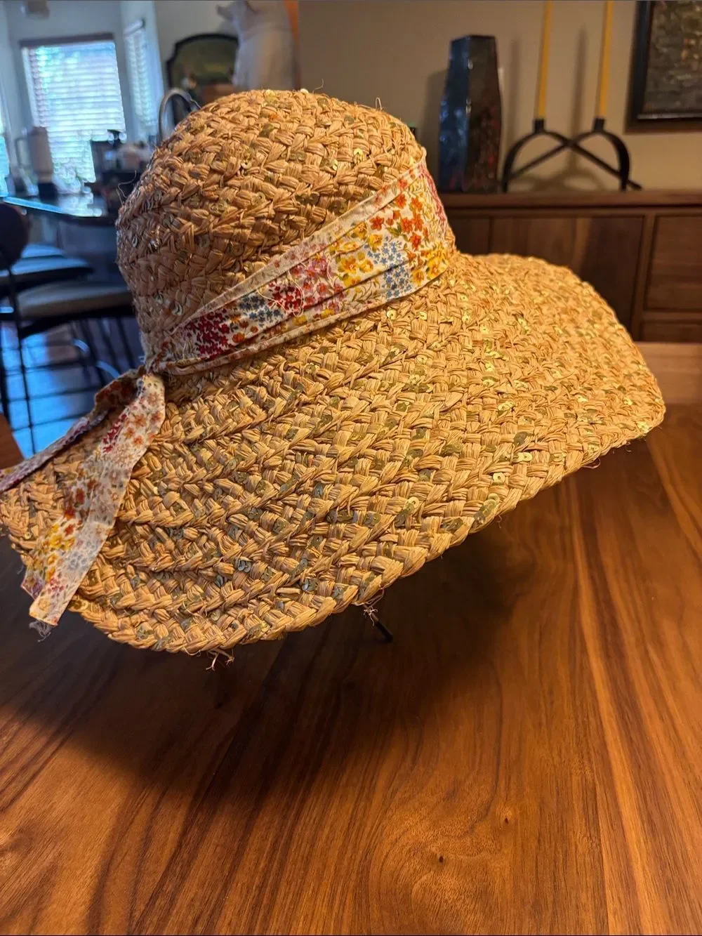 Betsey Johnson Natural Straw Sun Hat with Floral Band - One size